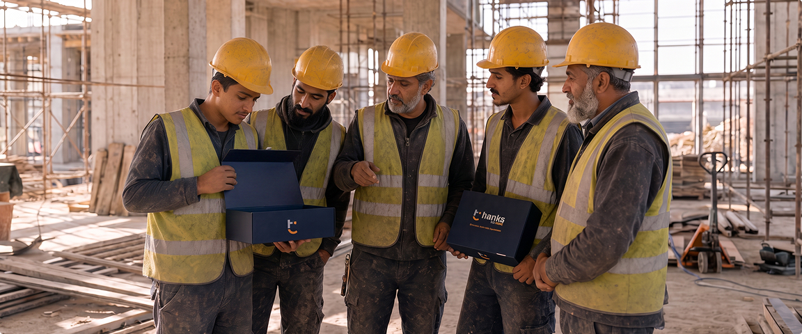 Workers enjoying the grocery box